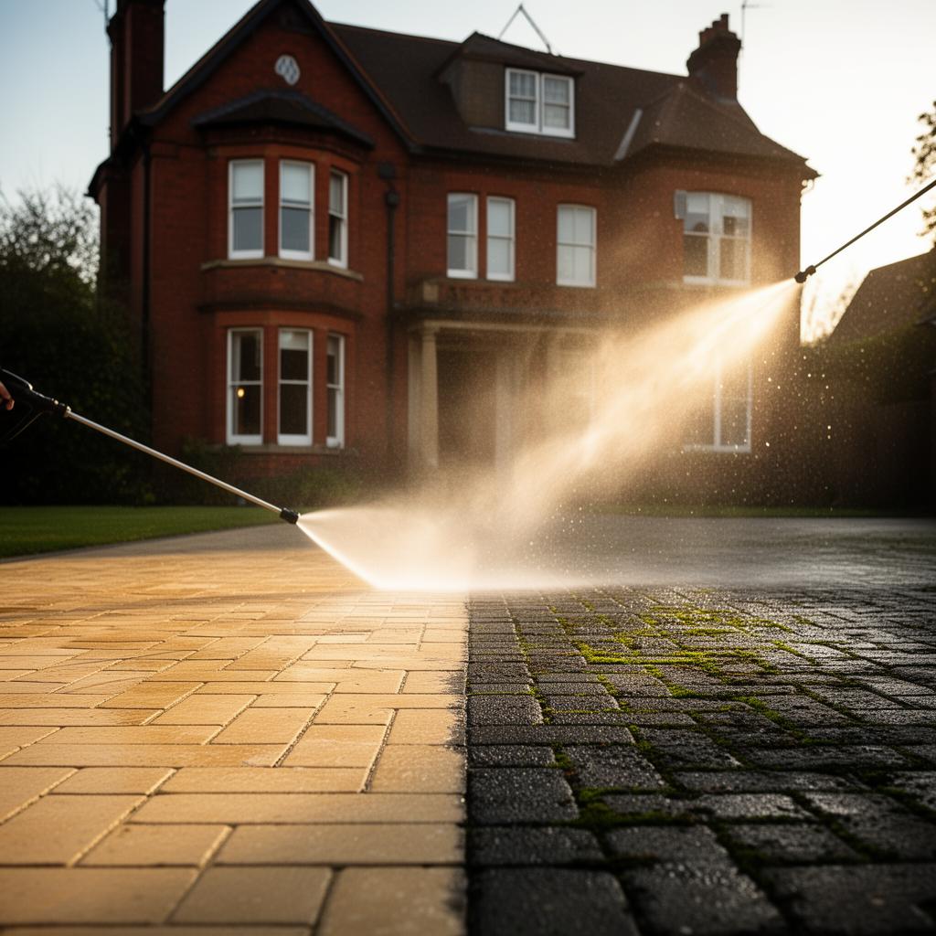 Aqua Pressure Solutions deep-cleaning a Birmingham driveway, showing the dramatic before-and-after line